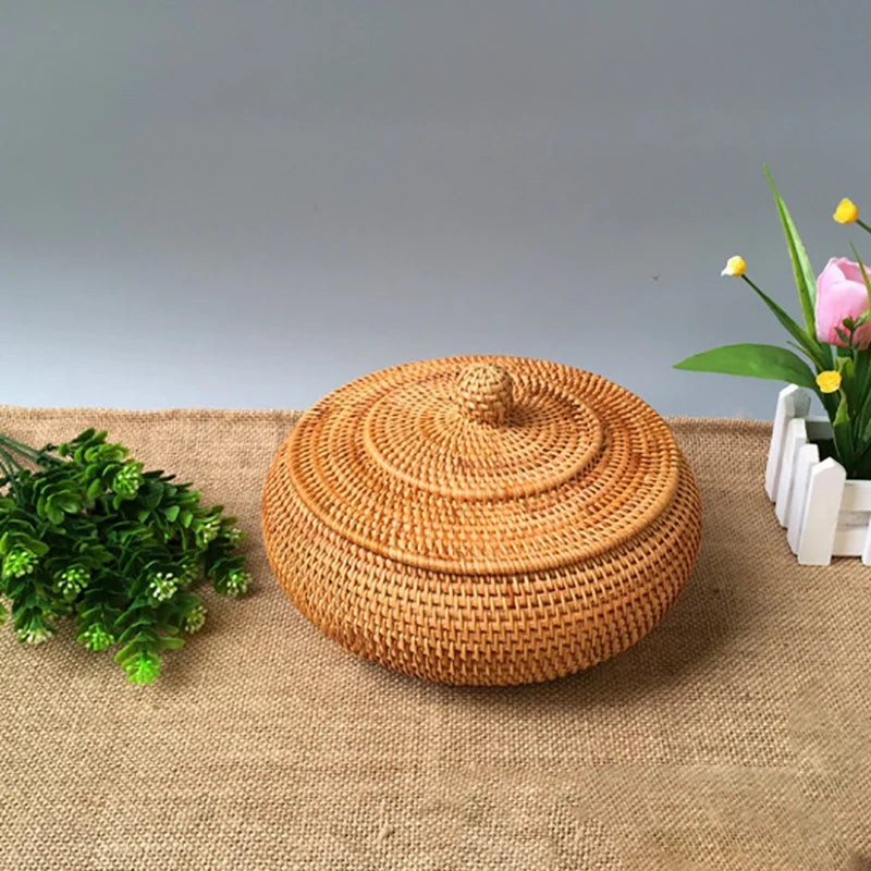 Panier de rangement en rotin tissé à la main avec couvercle