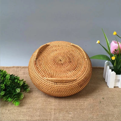 Panier de rangement en rotin tissé à la main avec couvercle