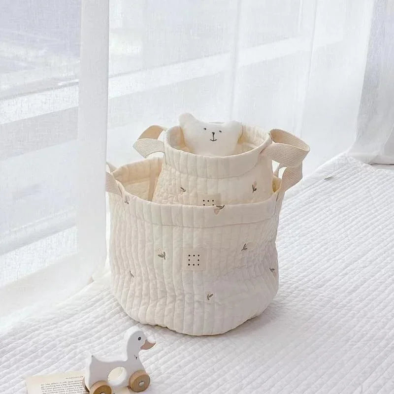 Beige Cotton Embroidery Desktop Storage Basket