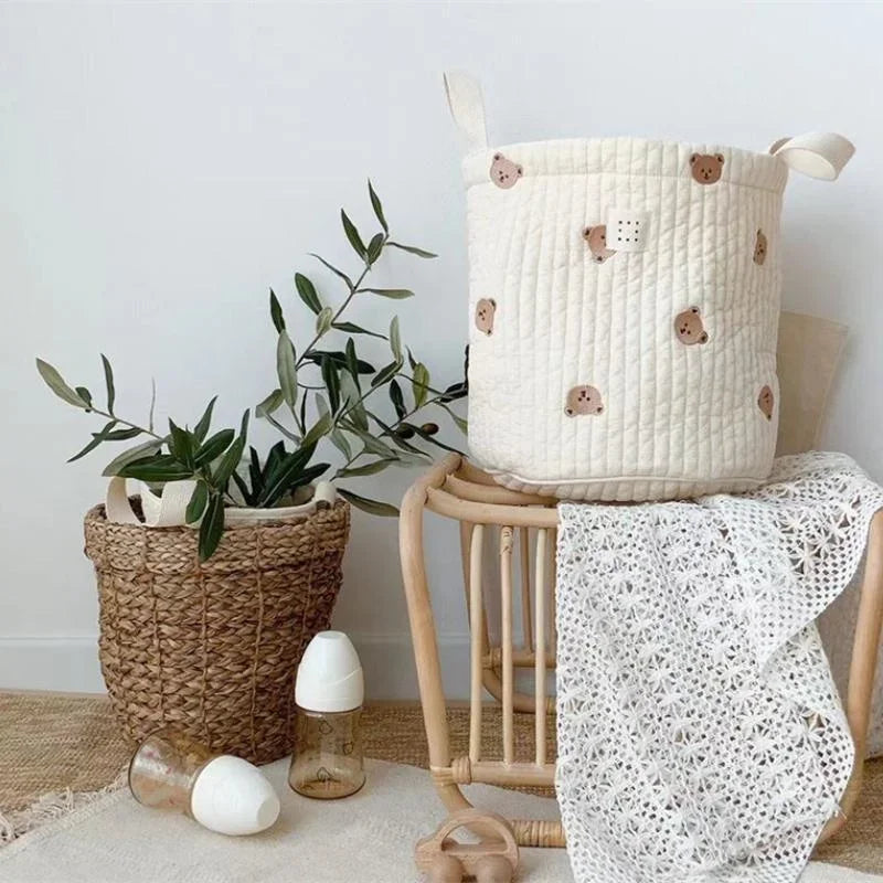 Panier de rangement de bureau brodé en coton beige 