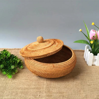 Panier de rangement en rotin tissé à la main avec couvercle