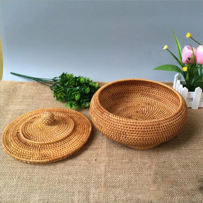 Panier de rangement en rotin tissé à la main avec couvercle