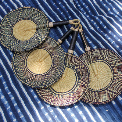 Mandala Natural Grass Weave Fan with Leather Handle