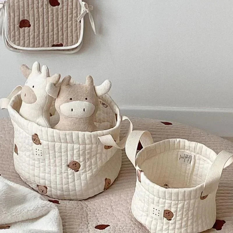 Beige Cotton Embroidery Desktop Storage Basket