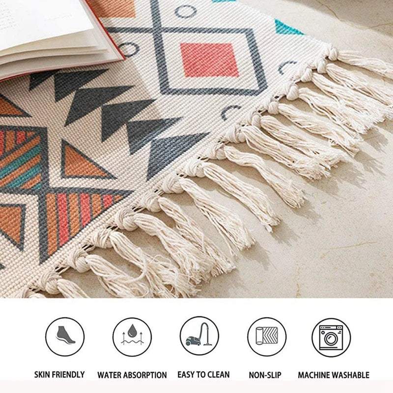 Boho With Tassels Washable Rug